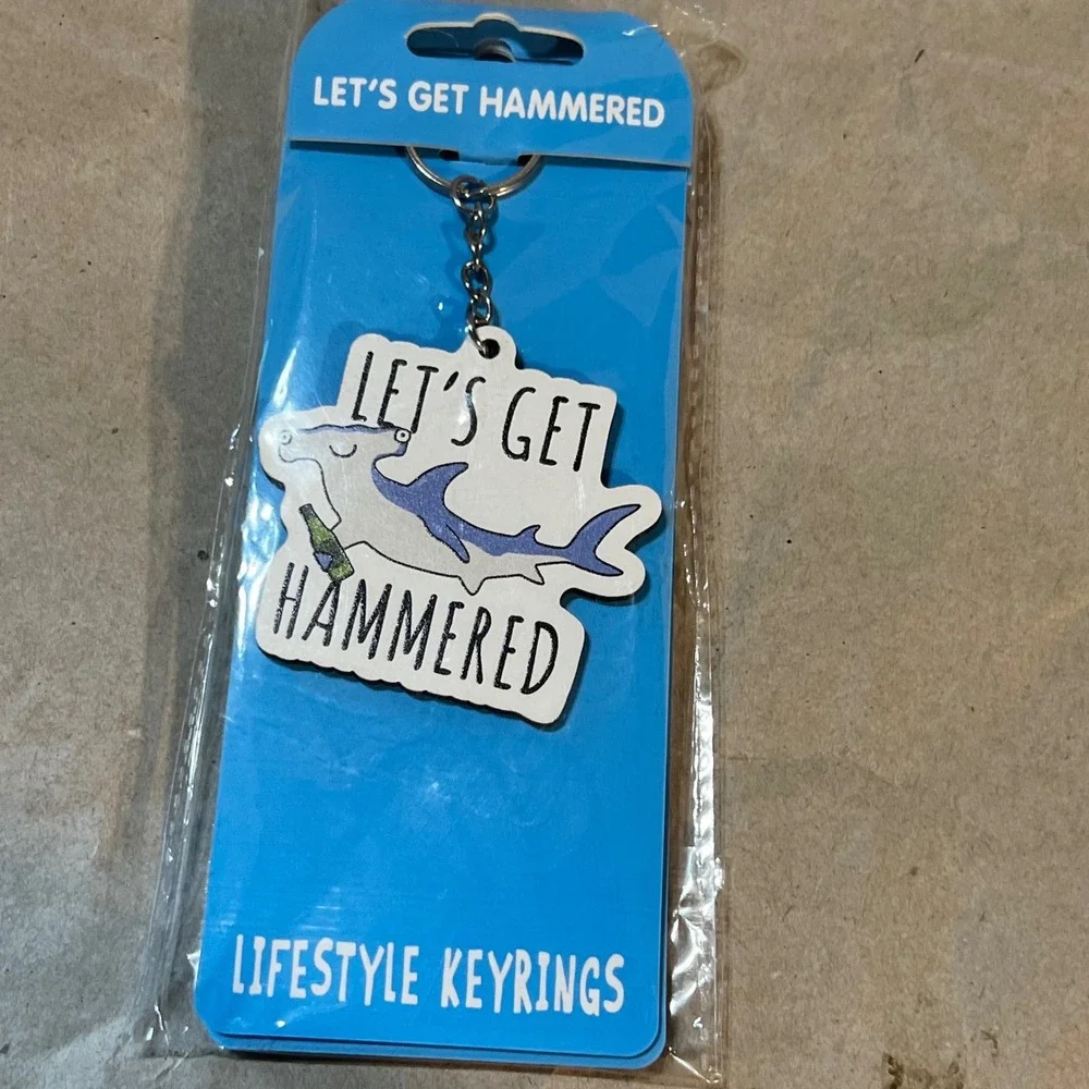 Lifestyle Keyrings Wood Keychain White Blue Let's Get Hammered Shark Pun Novelty